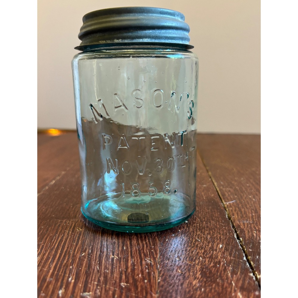 Antique Aqua Mason's Patent Nov 30th 1858 Quart Fruit Jar Zinc Lid Bubbles